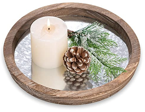 Hanobe Plateau de Service Bois: Rond Decoratif Bougies Plateaux Rustique Décoratives Plat de Table Vintage Miroir en tôle de Zinc-Fer Petit Plateau pour Ottoman Décoration Cuisine