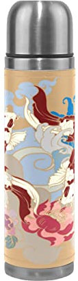 KAAVIYO Karpfenblume Japanischer Fisch Wasserflasche Wasserkanne Edelstahl Isolierte Isolierflasche Auslaufsicher Leder Verpackung(500 ml)