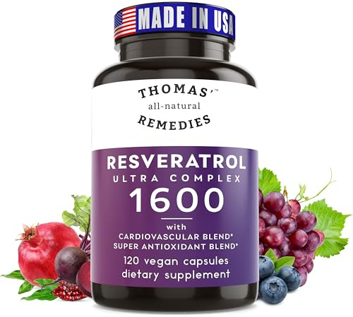 Thomas' all-natural Remedies Resveratrol 1600mg Organic Trans-Resveratrol Antioxidant Supplement with Organic Grape Seed Extract and Quercetin- Anti-Aging and Cardiovascular Support- 120 Capsules