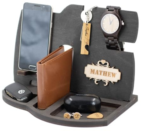 Docking Station in Legno Personalizzata Regalo Tecnologico per Uomo Supporto Telefono Organizzatore da Scrivania Comodino Regalo di Compleanno per Papà Marito Fidanzato Regalo Artigianale (Nero Ebano)