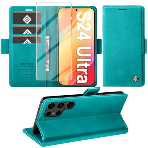 Giyer Handyhülle für Samsung Galaxy S24 Ultra Hülle mit Schutzfolie, Schutzhülle Galaxy S24 Ultra 5G PU Leder Wallet Flip Case Standfunktion Kartenfach Klapphülle für Samsung S24 Ultra Cover (Cyan)