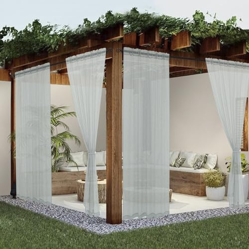 Youleyar Durchsichtige Outdoor-Vorhänge, Terrasse, wasserdicht, 2 Paneele, Leinenoptik, Stangentasche, Innenbereich, Voile, Wohnzimmer Schlafzimmer Veranda Pergola Cabana Pavillon, 132 x 213 cm, Grau