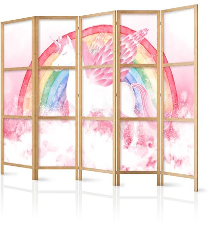 murando - Paravent Raumteiler Holz Kinder, 225x172 cm, 5-teilig, Wohnzimmer | Mobiler Sichtschutz, sofort einsatzbereit, Holzrahmen, ideal fürs Wohnzimmer oder Büro, geruchsneutral, lichtbeständig
