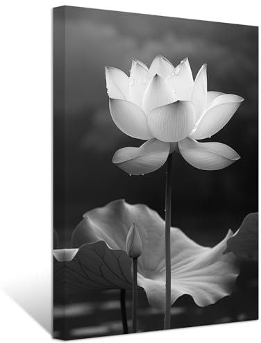 ZXHYWYM Schwarz weiße Zen Badezimmerbilder Lotusbild für die Wand spirituelle Seerose Leinwanddrucke Spa Kunstwerk für Meditation Yoga Raum (Bild-2, (30.00 x 45.00 cms))