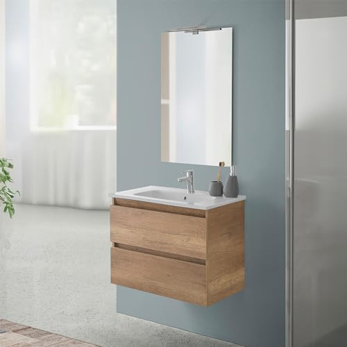 Inbagno Mobile Bagno Sospeso 70 cm Rovere Naturale – Mobiletto Con Lavabo In Ceramica E 2 Cassettoni Soft-Close – Linea Nadia