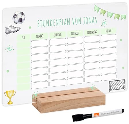 Bärenfreunde® - Personalisierbarer & Abwaschbarer Stundenplan aus Acryl + Stift, Holzhalter - Einschulung Geschenk, Schultüte zum Schulanfang oder Grundschule (Fußball,mit Holzhalter)