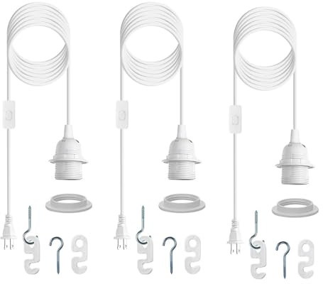 Plug in Light Socket,Pendant Light Cord Lamp Kit, 16Ft Pendant Light Cord Kit E26/E27 Light Socket Hanging Lantern Lamp Cord with On/Off Switch,Socket Rings (whyui3)