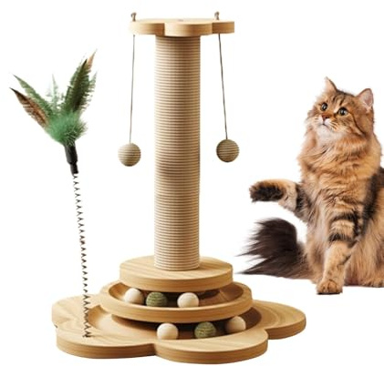 Arbre à chat en sisal avec plateau tournant, arbre à chat 4 en 1 avec balle pendante, jouet interactif pour jouer en intérieur