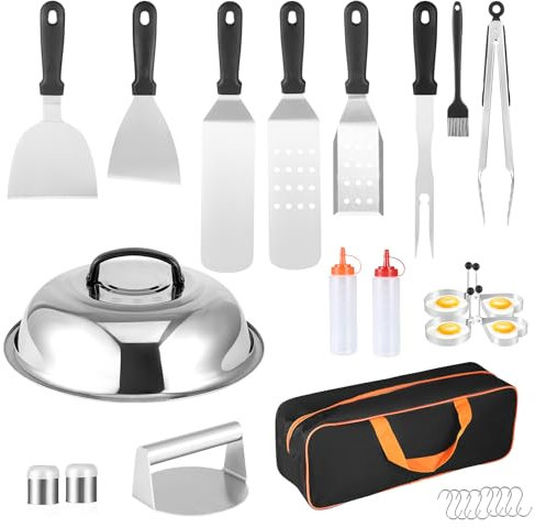 Hamburger Press Machine, 29Pcs Burger Smasher Press Set 304 Stainless Steel Burger Spatula Griddle Accessories With Cheese Melting Dome BBQ Tool