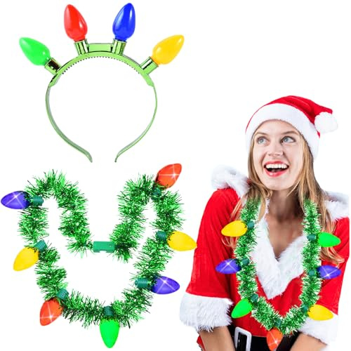 Hifot 2 Stück Glühbirne LED Haarreif Light Up LED Halskette Weihnachten Haarreif Accessoires Lichterkette Halskette 3 Verschiedenen Blinkenden Licht-Modi Kinder Damen Weihnachten-Zubehör Liefert