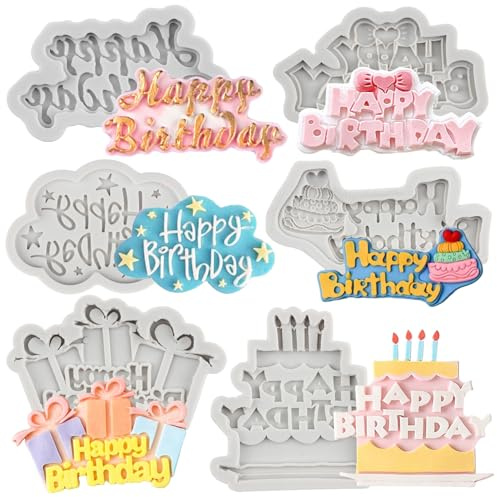 MYPRACS Happy Birthday Silicone Moulds Birthday Alphabet Fondant Silicone Mould Letters Silicone Fondant Cake Moulds for DIY Cake Decorating Candy Chocolate Gum Paste Polymer Clay Set of 6