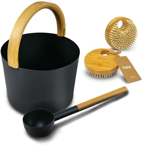 KOLO Sauna Set Kiulu 2 - Kübel 5 l + Aufgusskelle 300 ml + 2x Handbürste - Schwarzes Aluminium - Bambusgriff - 2-teiliges Premium-Set für Aufgüsse und authentische finnische Saunakultur