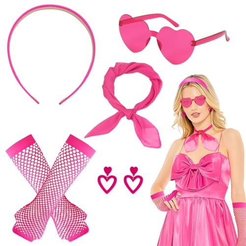 Meleager 90er Jahre Accessoires Outfit Damen, Rosa Stirnband Ohrringe Netzhandschuhe, Herz Sonnenbrille Halstuch, 80er Pink Costume Accessories für Fasching, Kostüm Party