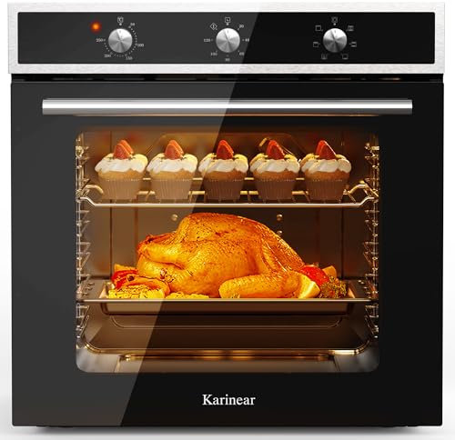 Karinear 60L Einbaubackofen mit Umluft, Backofen einbaugerät mit Knopfsteuerung, 60 x 60 cm, 6 Programmen, 50-250 °C mit gehärtete Glasplatte, 2200W, mit Stecker