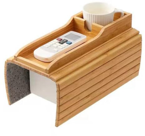 Bandeja para Reposabrazos de Sofá con Portavasos de Bambú Natural, Mesa Portátil