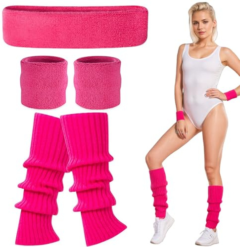 Amazleer 70er Jahre Outfit Damen Accessoires, 80er Jahre Accessoires, Pink Schweißband Set mit Haarband Sport, Wristbands, Beinstulpen, Karneval Kostüme Zubehör für Thema Partyzubehör