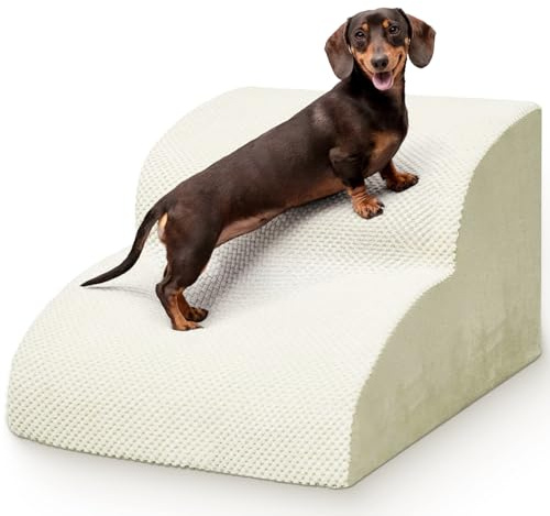 Niubya Scala per Cani e Gatti Piccoli, 2 Gradini 30 cm, Schiuma 30D, Antiscivolo, Fodera Lavabile, Ideale per Divano/Letto, Animali Anziani o Mobilità Ridotta, Beige