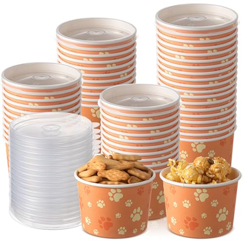 Qinyoung 24 Pcs 8 oz Orange Red Dog Paw Print Paper Bowls with Lids Puppy Party Patrol Disposable Cups for Party Favors Ice Cream Snack Dessert Food Drink Baby Shower Birthday Supplies