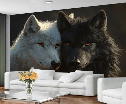 GIVLWF Tapete - Wolf Home Decor & Mural, Schwarz-Weiß-Wolf-Schlafzimmer-Tapete, geheimnisvolle Tier-Wandtapete für Wohnzimmer, großes Wandbild (nicht selbstklebend)