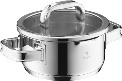 WMF Function 4 Advanced Kochtopf klein 16cm, Glasdeckel, Bratentopf Induktion 1,4l, Cromargan Edelstahl poliert, 4 Abgießfunktionen, wärmereduzierende Griffe, Innenskalierung, silber
