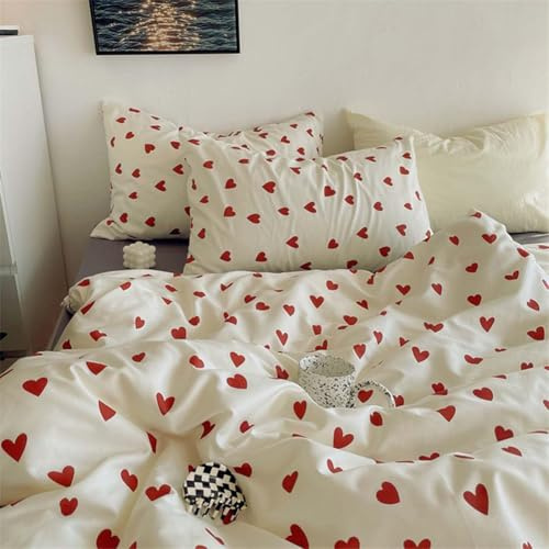 Koudi Herz Bettwäsche 135x200 Rot Herzen Mädchen Bettbezug Microfaser Weiß Herzchen Wendebettwäsche Set und Kissenbezug 80x80 cm mit Reißverschluss
