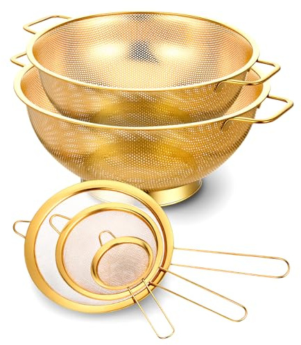 Strainers and Colanders Set, 2 PCS Stainless Steel Colander and 3 PCS Fine Mesh Strainer Gold Metal Pasta Rice Colanders & Food Strainers with Handles for Kitchen, Dishwasher Safe (5 Quart+4 Quart)