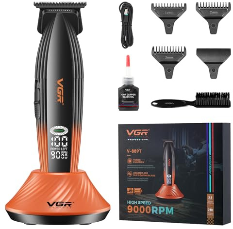 VGR 889T Professionelle Konturen Haarschneidemaschine, Kabelloser Trimmer Herren mit Ladestation, Präzision Haartrimmer Herren mit Turbofunktion, LED Display und USB Aufladung, Orange