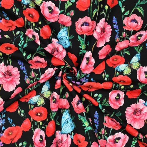 French Terry Stoff Meterware Mohnblumen – Baumwolljersey Schwarz Bunt, 95% Baumwolle 5% Elasthan, elastischer Sweatstoff