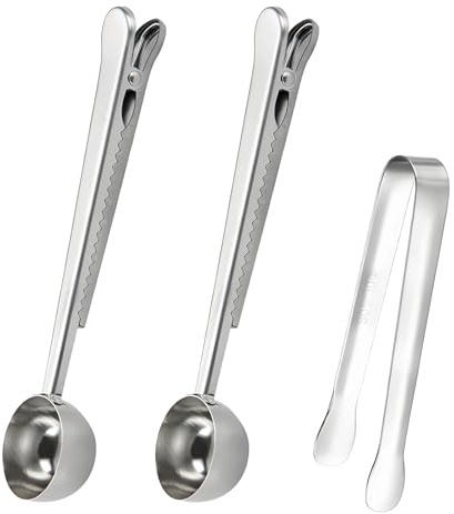 2 Pcs Coffee Scoop Bag Clips, Coffeespoon Measuring, Stainless Steel Coffee Scoop with Bag Sealing Clip, with Sugar Tongs, for Ground and Beans (Silver)