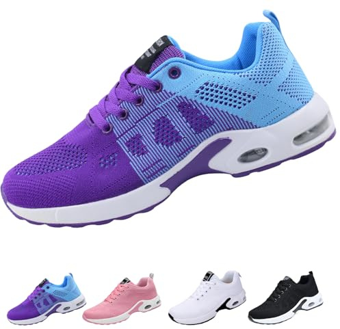 AioTio Walking Skor Kvinnor Anti-Slip Sport Sneakers Luftkudde Mode Tröja Lätt Bågstöd Fotbädd Casual Skor, Lila, 38 EU