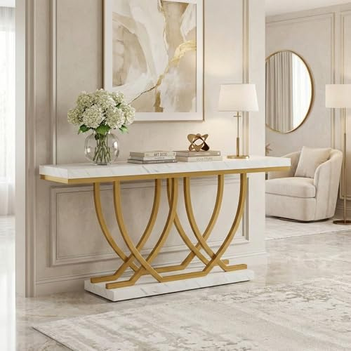 Lailang 150cm Console d'entrée, Table Console, Meuble entrée Couloir, Console Blanche, Meuble d Entree Design, Console Fine, 150 x 35 x 71 cm, Blanc et Or