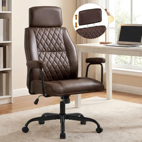 Ckaff Bürostuhl Ergonomisch, Schreibtischstuhl mit Verstellbarer Kopfstütze, PU Leder Chefsessel mit Gepolsterter Armlehnen und Höhenverstellbar, Neigefunktion, Drehstuhl, Dunkelbraun