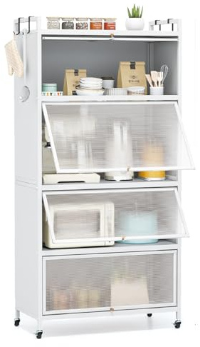 GiantexUK Kitchen Storage Cabinet, Rolling Pantry Cupboard with Flip-Up Doors & Wheels, Freestanding Bakers Rack Metal Storage Shelf for Living Dining Room (White) | with Flip-Up Doors & Wheels, Freestanding Bakers Rack Metal Storage Shelf for Living Dining Room