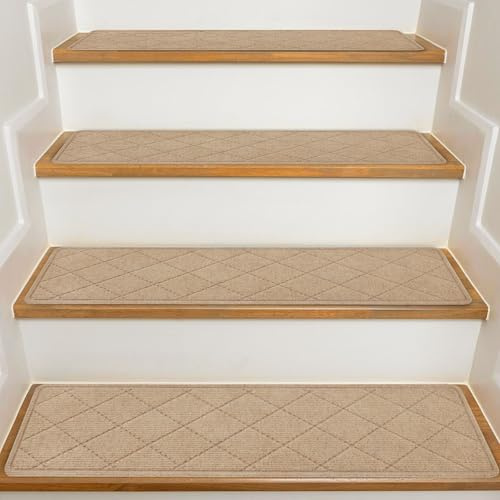 KOOTETA Moquette gradini Antiscivolo 20 x 76 cm (15 Confezioni), Tappeto per Scale, Adesivo Riutilizzabile per Tutte Le Scale pulite e Lisce, Tappetino per gradini per Bambini, Beige