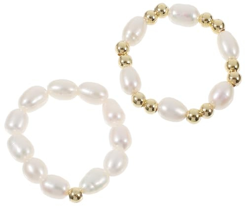 KAJNBN 2 Stück Verstellbare Perlenringe aus Kupfer mit Elastischen Süßwasserperlen Klassisches Design Modischer Schmuck für Frauen und Teens zu Weihnachten und Engagement