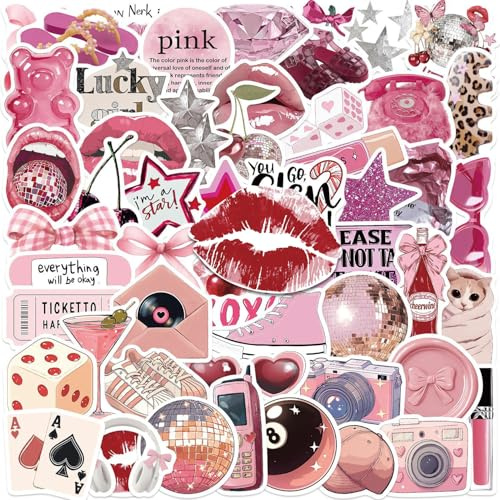 55Pcs Pink Aesthetic Stickers, Waterproof Vinyl Y2K Stickers, Downtown Trendy Girly Stickers Gift for Girls Teens Adults, Cute Stickers for Laptop Phone Water Bottle Suitcase Scrapbook