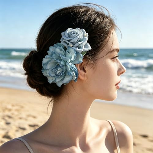 Atentuyi Blaue Blumen Haarklammer für Damen Elegante Verlaufende Pfingstrose Rose Haarspange mit Perlen Starker Halt Transparenter Klammer Braut Hochzeit Haaraccessoires für Dickes Dünnes Haar