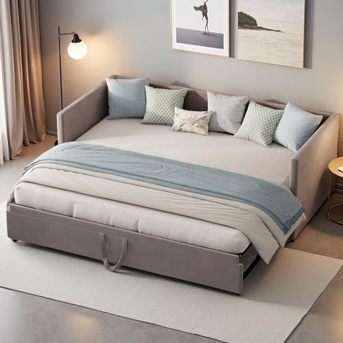 Konvertibel bäddsoffa för 2 90/180 x 200 cm stoppad dagbädd med lamellbas extra sovsoffa sammetstyg grå (madrass ingår inte)