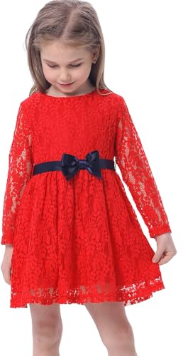 BONNY BILLY Vestido Niña Fiesta Ceremonia Navidad Encaje Invierno Manga Larga con Cinturón 8-9 Años Rojo