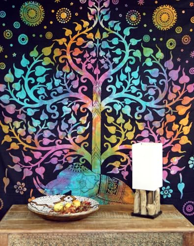 Boho Style Wandbehang, indische Tagesdecke, Tree of Life / Regenbogen | 100 % Baumwolle, handgearbeitet, Siebdruck, einzigartiges Design, vielseitig einsetzbar