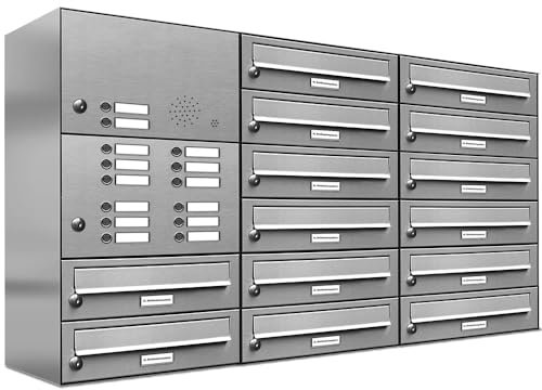 AL Briefkastensysteme 14er Briefkastenanlage mit Klingel, Edelstahl, Premium Briefkasten DIN A4, 14 Fach Postkasten modern Aufputz