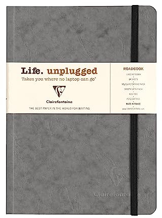 Clairefontaine 793165C Notizheft Roadbook, DIN A5, 14,8 x 21cm, 64 Blatt, liniert, Gummizug, bedruckten Vorsatzblättern, 1 Stück, grau