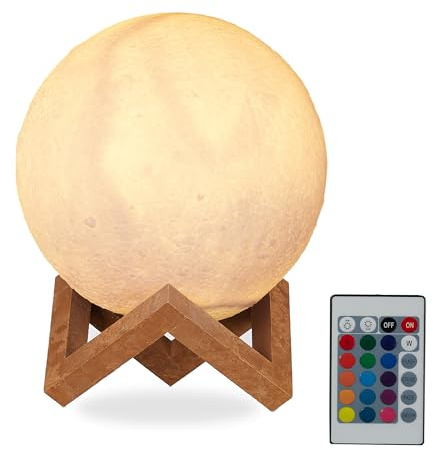 Relaxdays månlampa 3D, 16 färger, dimbar, fjärrkontroll, trådlös, med stativ, barn, månlampa LED, 15 cm, vit