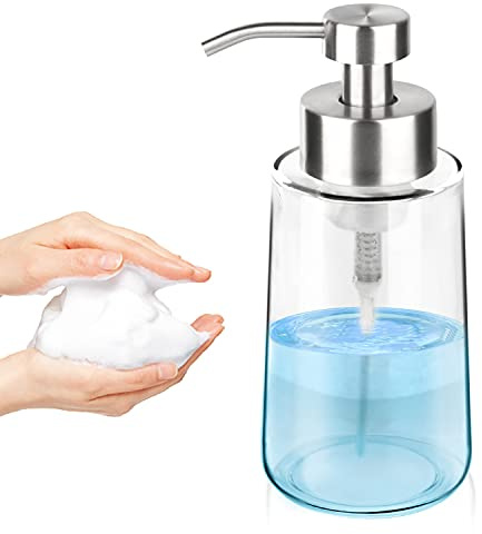 GLUBEE Thick Glass Soap Dispenser with Rust Proof Stainless Steel Pump, Clear Foam Soap Dispenser with Wide Opening for Kitchen and Bathroom（15 Oz）