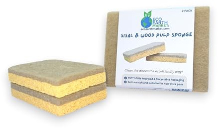 Esponja de pulpa de sisal y madera | Paquete de 2 | Eco | Esponjas de sisal naturales | Sin plástico | Compostable para el hogar | Basado en plantas | Sostenible | Cero residuos