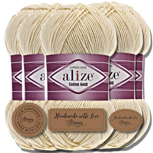 Hobby YARN 3x Etikettenlabel mit Alize Cotton Gold Wolle Premium 5x100g als Set, Yarn, Garn, Sommerwolle, Baumwolle, Strickgarn, Einfarbig, Baby, Kleidung, Schals (Cream - 1)