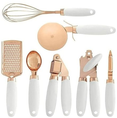 7PCS/Set Kitchen Gadget Set Stainless Steel Utensils Ice Cream Scoop Peeler Garlic Press Cheese Grater Whisk (White)