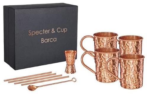 Specter Barca Lot de 4 gobelets en cuivre 500 ml avec accessoires, 100 % cuivre pur, verres à cocktail, set de bar