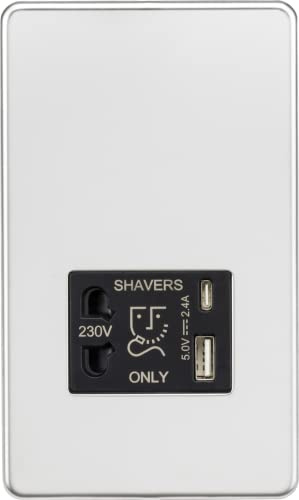 Knightsbridge Presa per rasoio senza viti con doppia USB A+C (5 V DC 2,4 A condiviso) - Cromo lucido con inserto nero