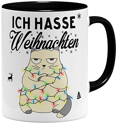 OM3® grimmige Katze - Ich hasse Weihnachten Tasse mit Spruch Statement II | Keramik Becher | 11oz 325ml | Beidseitig Bedruckt | Schwarz